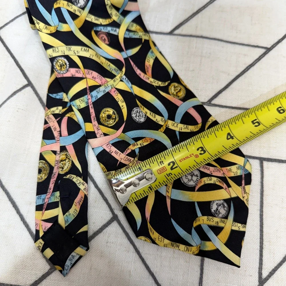 Nicole Miller‎ Necktie OS Black Stock Market Ticker Tape Coins Silk Vintage 1999